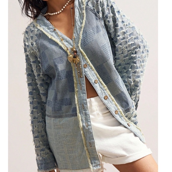 Light Wash Button Down Oversized Frayed Denim Jean Jacket Shacket
- Picture 3 of 6